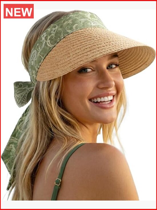 Women\'s Straw Sun Hat with Bow Ribbon, Adjustable & Packable